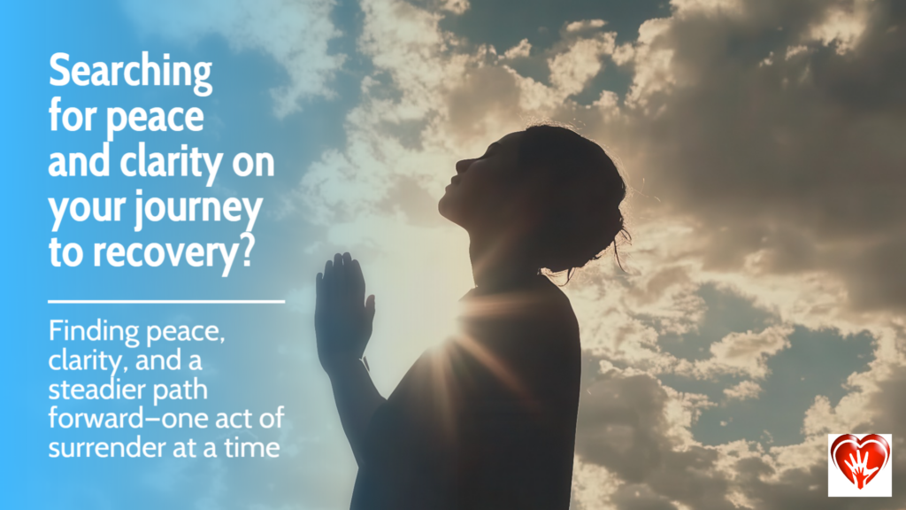 A woman praying with darkness at her back. Kneeling with prayerful hands, sunshine and blue skies appear in front of her.