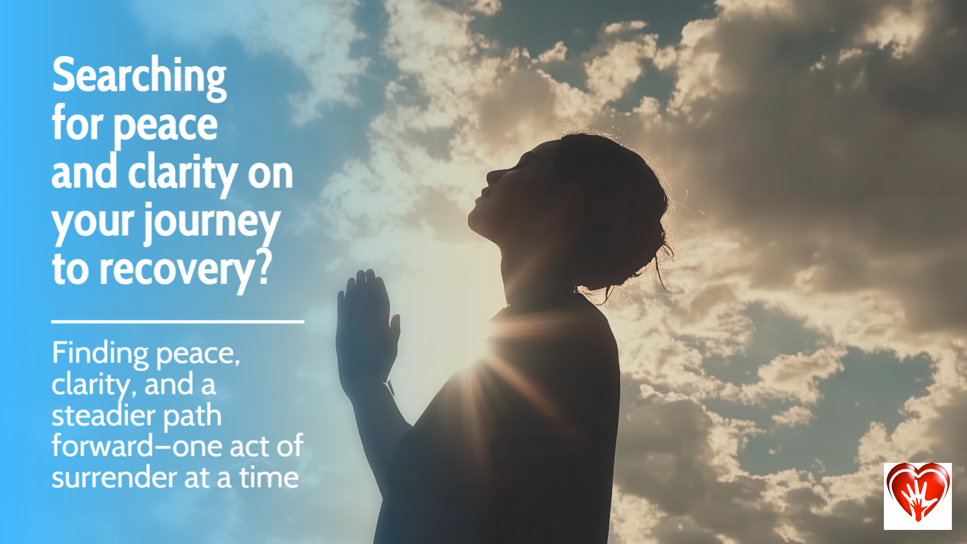 A woman praying with darkness at her back. Kneeling with prayerful hands, sunshine and blue skies appear in front of her.